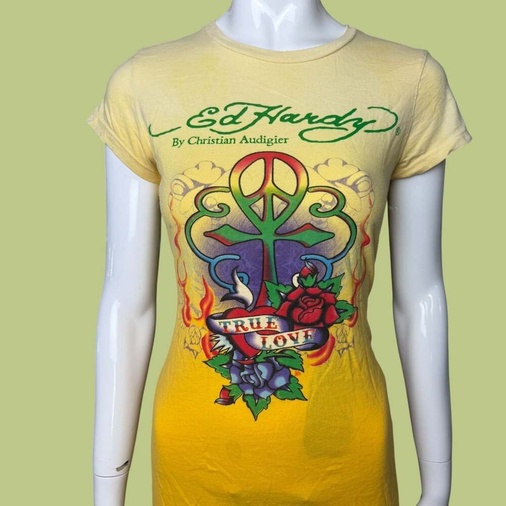 Vintage Y2K Ed Hardy by Christian Audigier True Love Yellow Graphic Tee